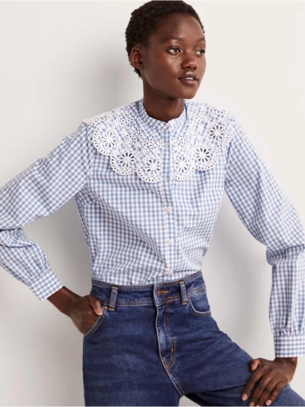 BODEN Sz US 10 UK 14 Broderie Collar Classic Blue Gingham & Lace Button-Up Top